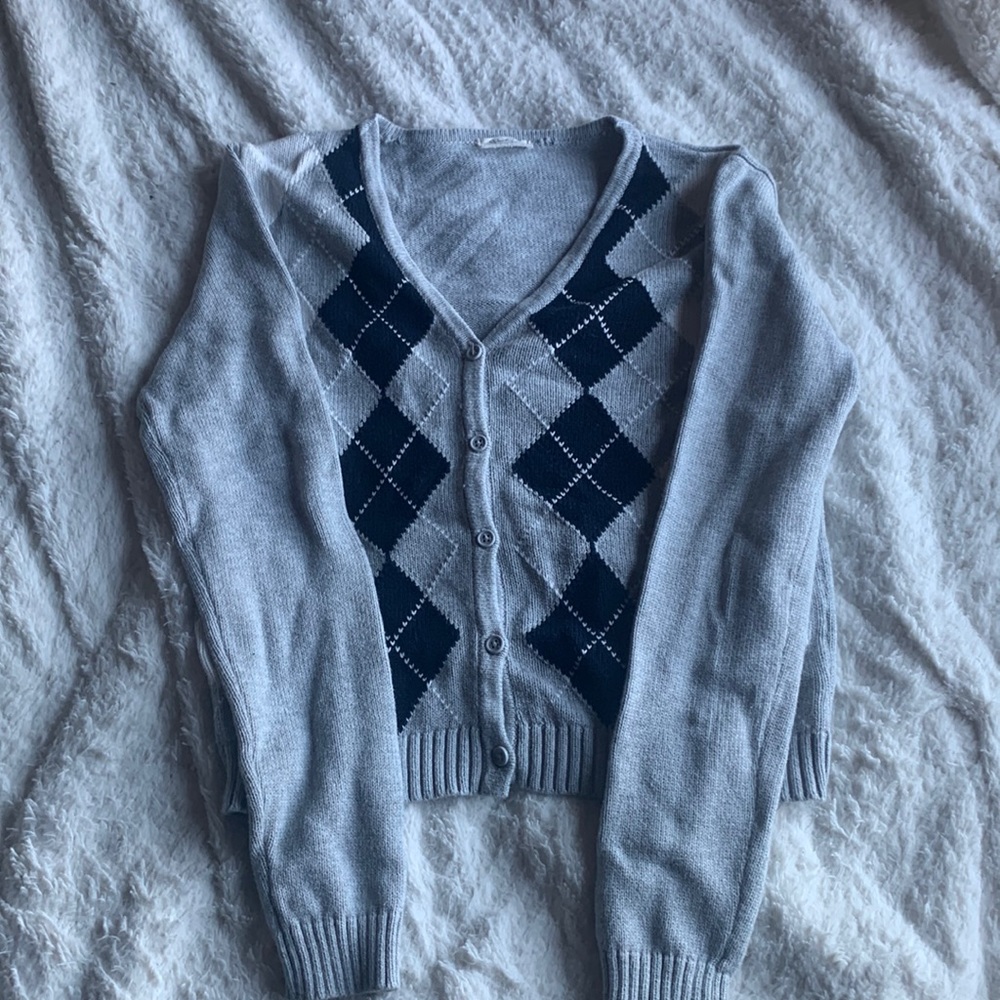 M Grey & Blue Argyle PacSun Button Up Sweater